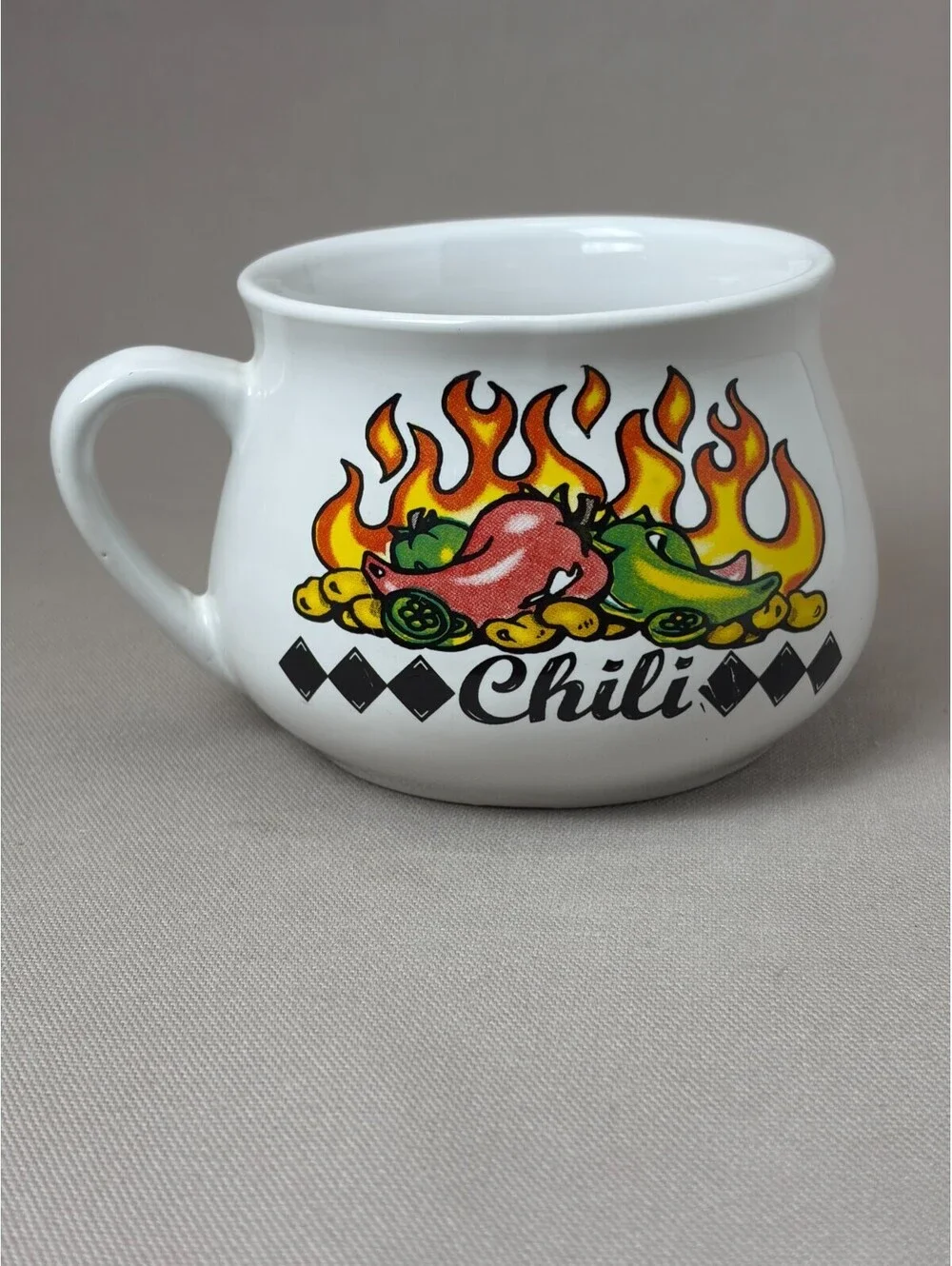 Vintage Houston Harvest Chili Soup Mug Bowl Handle Hot Peppers Flame Ceramic Cup